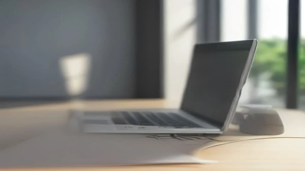 Illustration: slight low angle of a bright minimal desk with a laptop and a smartphone showing an abstract rising line chart, soft morning light