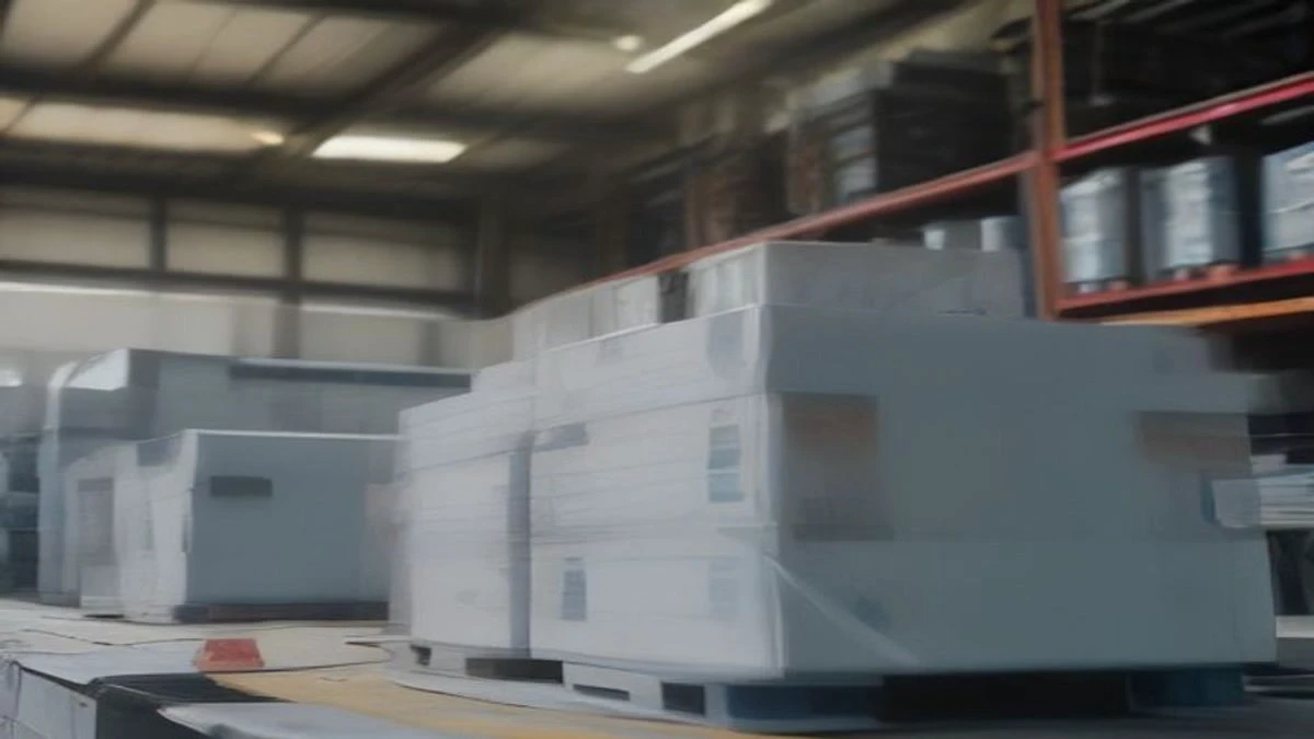 Stacked aluminium mining machines on a pallet in a bright warehouse